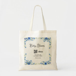 Tote Bag Fleur aquarelle bleue bébé shower scan QR RSVP pa