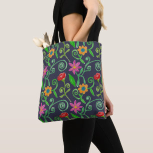 Tote Bag Fleur aquarelle fantaisiste bleu marine
