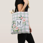 Tote Bag Fleur aquarelle | Monogramme carreau pastel<br><div class="desc">Ce sac fourre-tout à monogramme présente des fleurs aquarelles peintes en rose blush,  blanc et feuillage vert sur un fond à carreaux aquarelle pastel. Pour une personnalisation plus avancée de ce design,  veuillez cliquer sur le bouton "Personnaliser". Des articles assortis sont également disponibles.</div>