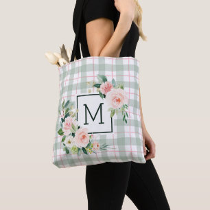 Tote Bag Fleur aquarelle   Monogramme Pastel Plaid
