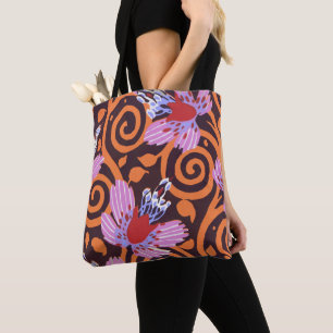 Tote Bag Fleur Art Déco tourbillonnante rose et orange vibr
