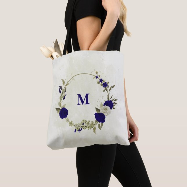 Tote Bag Fleur beige bleu royal (De près)