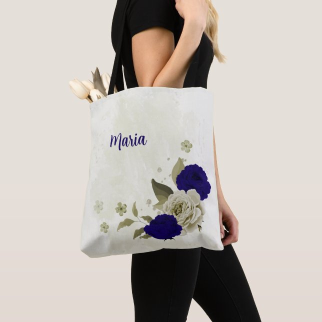 Tote Bag Fleur beige bleu royal (De près)