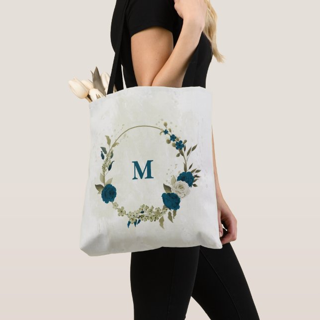 Tote Bag Fleur beige turquoise (De près)