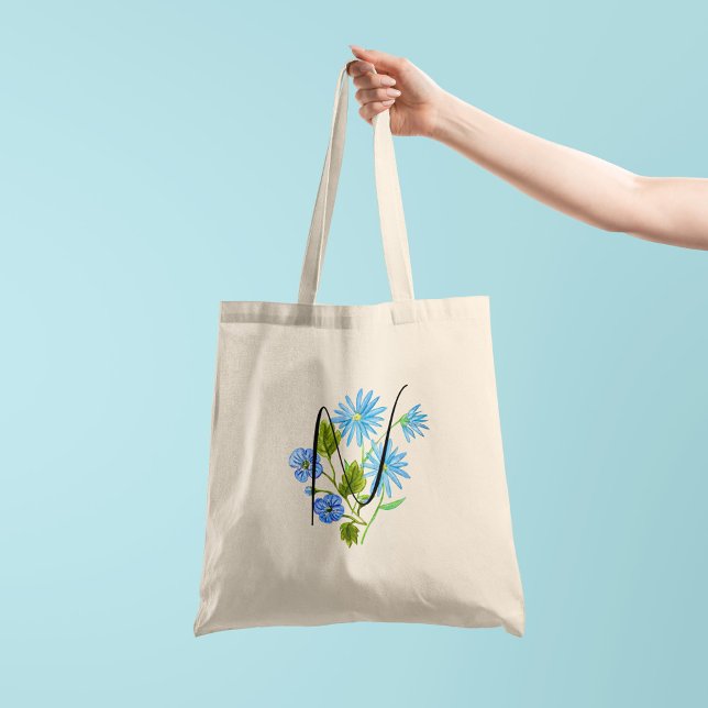 Tote Bag Fleur bleue aquarelle avec votre initiale 1 côté (Créateur téléchargé)