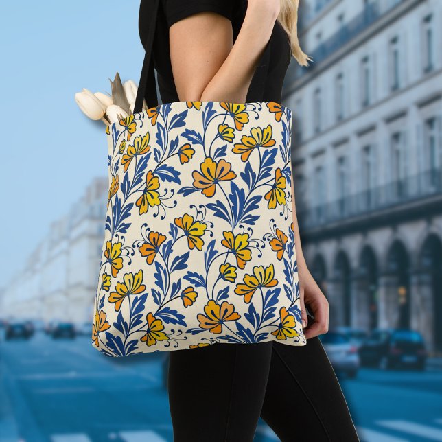 Tote Bag Fleur Bleue Feuillue de Style Folk Orange Jaune Vi (Créateur téléchargé)
