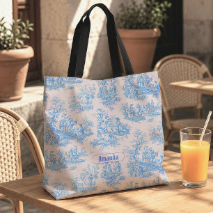 Tote Bag Fleur bleue vintage turquoise toile jouy monogramm