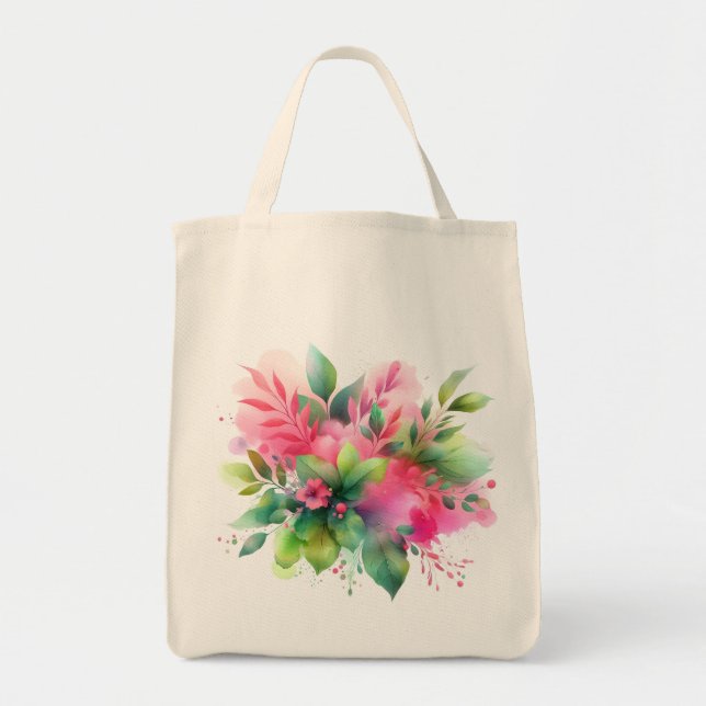 Tote Bag Fleur botanique aquarelle rose vert (Devant)