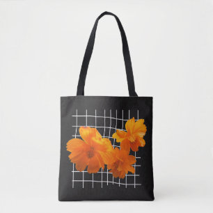 Tote Bag Fleur Cosmos orange sur grille blanche sur noir