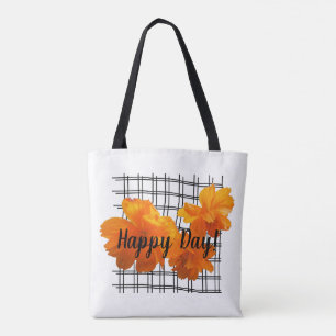 Tote Bag Fleur Cosmos orange sur grille noire sur blanc
