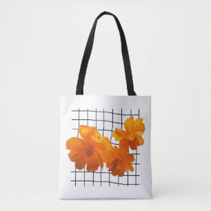 Tote Bag Fleur Cosmos orange sur grille noire sur blanc