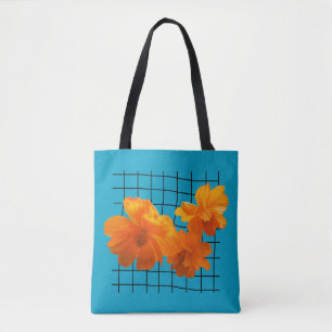 Tote Bag Fleur Cosmos orange sur grille noire sur Turquoise