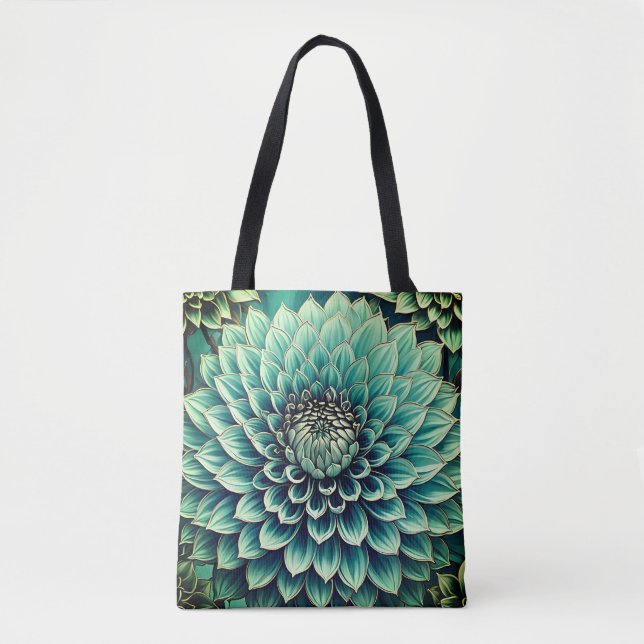 Tote Bag Fleur Dahlia en Art numérique bleu Aqua Turquoise (Devant)