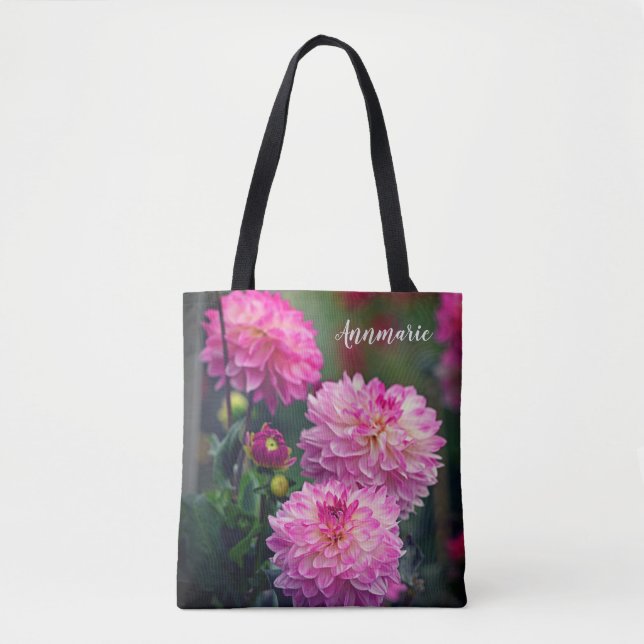 Tote Bag Fleur Dahlia rose et blanc personnalisée (Devant)
