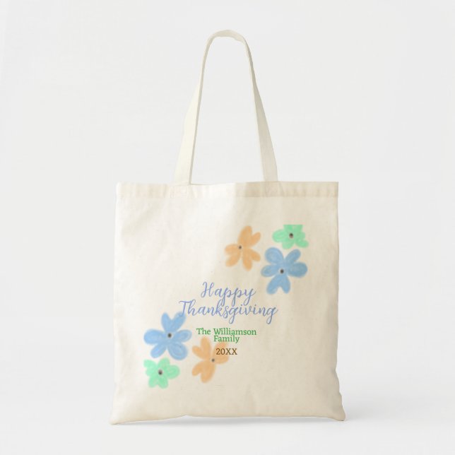 Tote Bag Fleur d'aquarelle bleu orange vert hiverMerci (Devant)