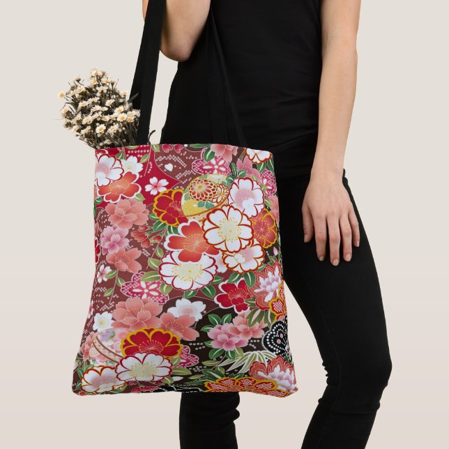 Tote Bag Fleur de cerisier japonais Sakura Rouge blanc (De près)