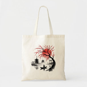 Tote Bag Fleur de Cerisier Japonaise Soleil Rouge Paysage V