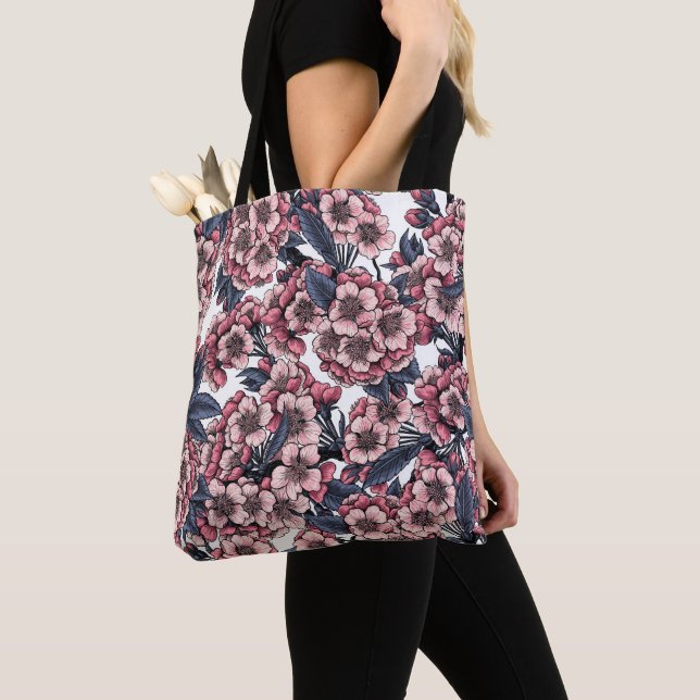 Tote Bag Fleur de cerisier rose et bleu (De près)