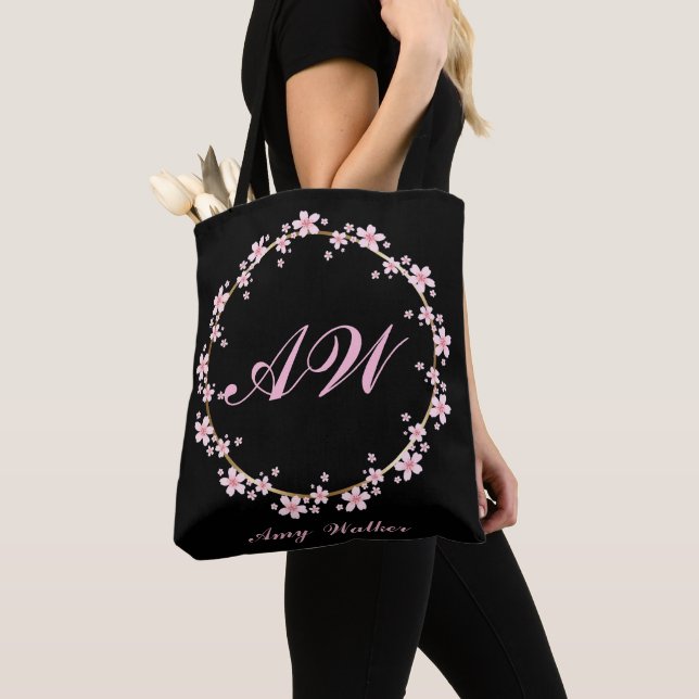 Tote Bag Fleur de cerisier rose initial - Fleur de fleurs f (De près)