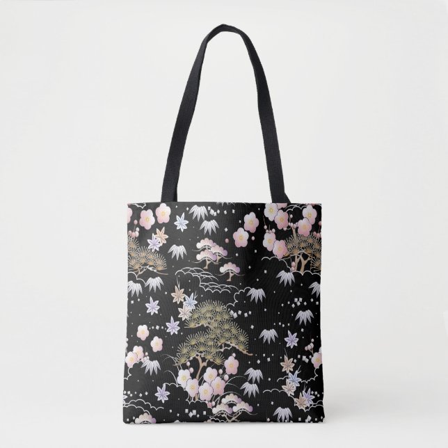 Tote Bag Fleur de cerisier rose noir Élégant motif floral (Devant)