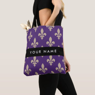 Tote Bag Fleur de Lis, Beige sur Violet, Royal, Votre Nom