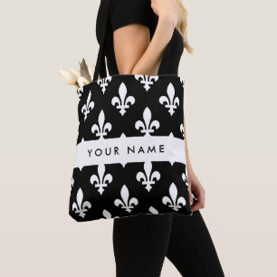 Tote Bag Fleur de Lis, Blanc sur Noir, Blanc, Votre Nom