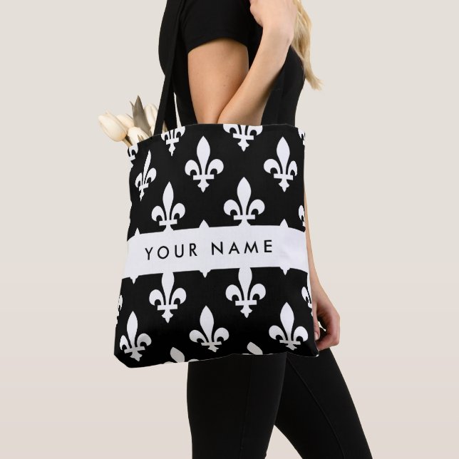 Tote Bag Fleur de Lis, Blanc sur Noir, Blanc, Votre Nom (De près)