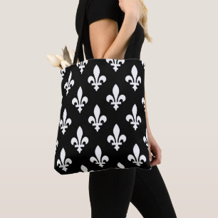 Tote Bag Fleur de Lis Motif, Royal French, Blanc sur Noir