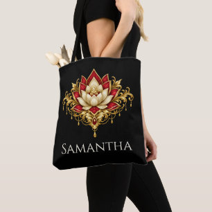 Tote Bag Fleur de lotus Florale bordeaux or DIY nom