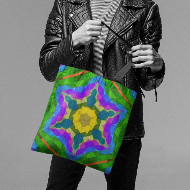 Tote Bag Fleur de Mandala jaune bleu et violet rétro (Créateur téléchargé)