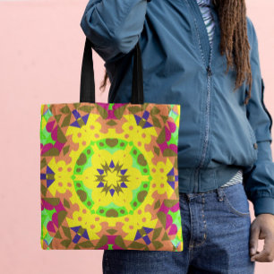 Tote Bag Fleur de Mandala jaune orange vert et rose