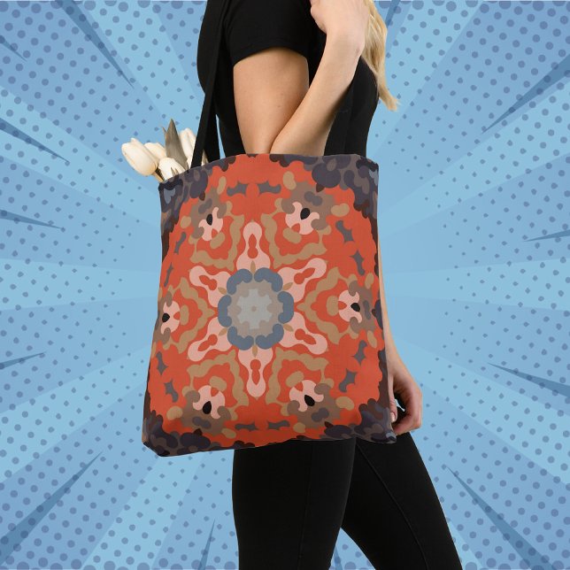 Tote Bag Fleur de Mandala rétro bleu orange et bronze (Créateur téléchargé)