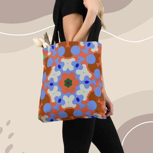 Tote Bag Fleur de Mandala rétro bleu orange et jaune (Créateur téléchargé)