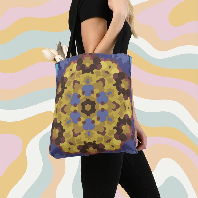 Tote Bag Fleur de Mandala rétro jaune et bleu (Créateur téléchargé)
