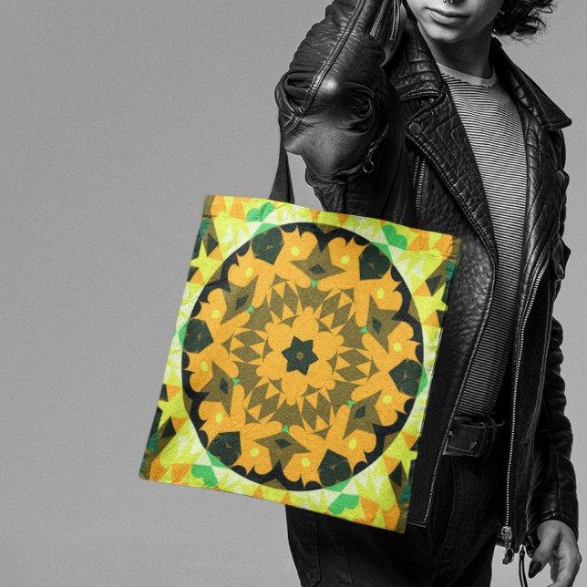 Tote Bag Fleur de Mandala rétro orange jaune et vert (Créateur téléchargé)