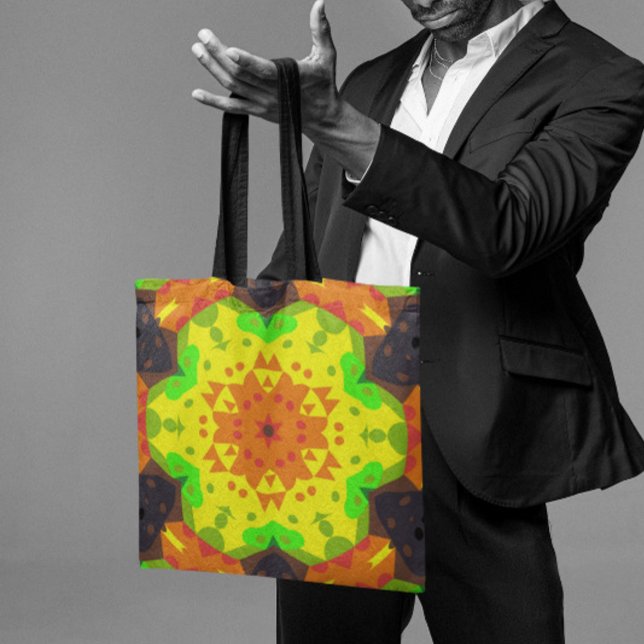 Tote Bag Fleur de Mandala rétro orange jaune et vert (Créateur téléchargé)