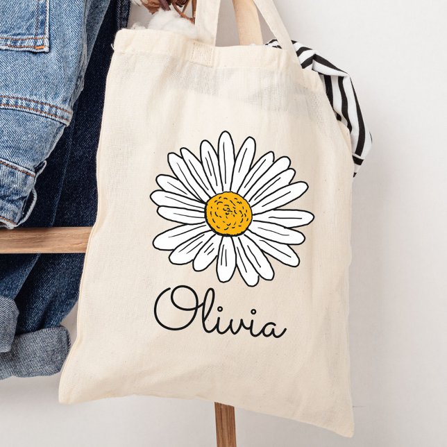 Tote Bag Fleur de marguerite blanche monogrammée (In situ)