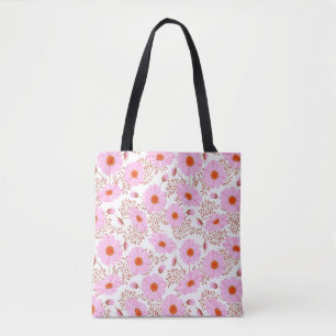 Tote Bag Fleur de marguerite rose vintage sur blanc