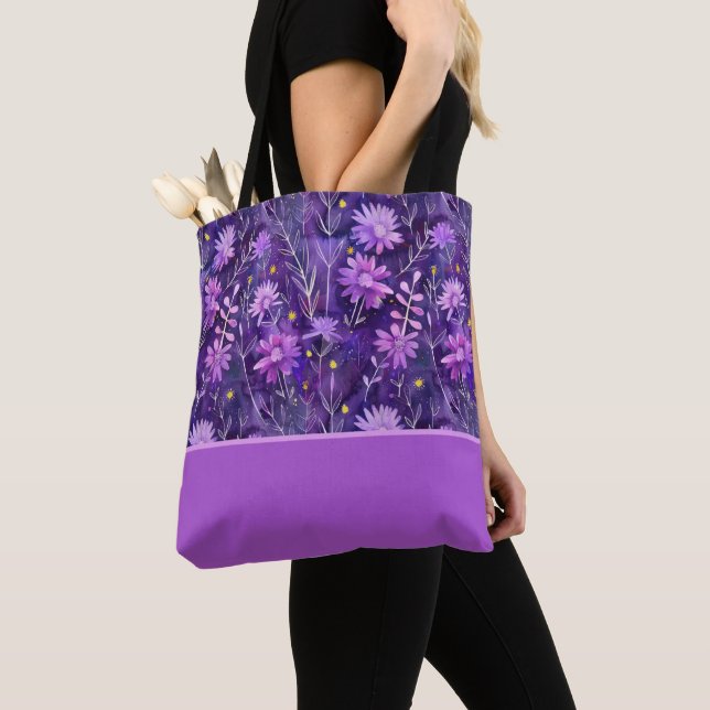 Tote Bag Fleur de marguerite violet rose et jaune, bloc de  (De près)