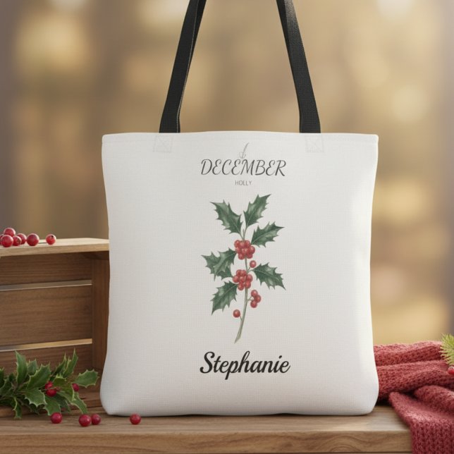 Tote Bag Fleur de naissance de décembre Holly Anniversaire (December birth month flower holly birthday tote bag)