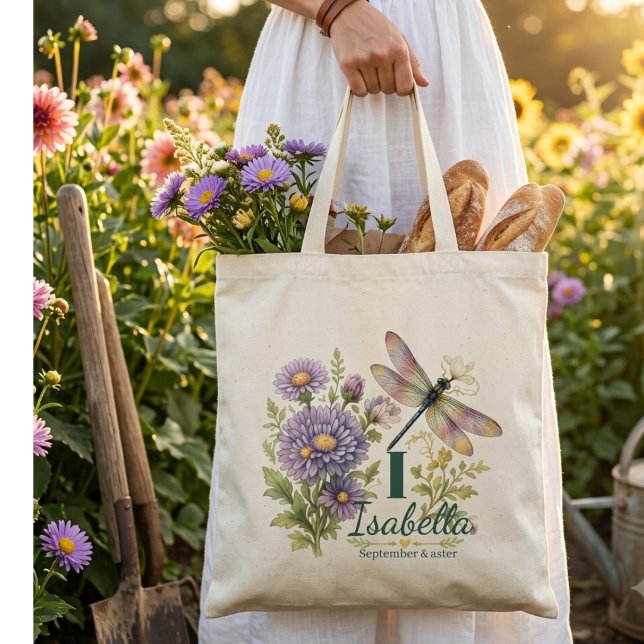 Tote Bag Fleur de naissance de septembre Aster & Libellule (Créateur téléchargé)