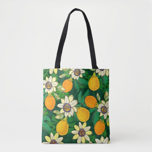 Tote Bag Fleur de Passionflower : Arrière - plan noir Vinta (Devant)