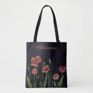 Tote Bag Fleur de pavot rouge au monogramme noir