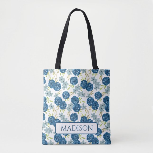 Tote Bag fleur de rose navy bleu (Devant)