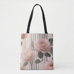Tote Bag Fleur de rose rose et rayures, aspect vintage