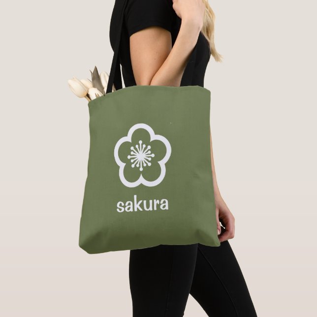 Tote Bag Fleur de Sakura blanche - Olive (De près)