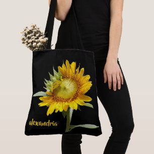 Tote Bag Fleur de soleil en fleurs sur noir, personnalisé