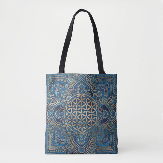 Tote Bag Fleur de vie à Lotus - Marbre bleu et or (Devant)