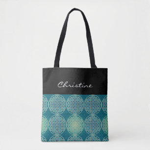 Tote Bag Fleur de vie - motif de timbre - bleu cyan