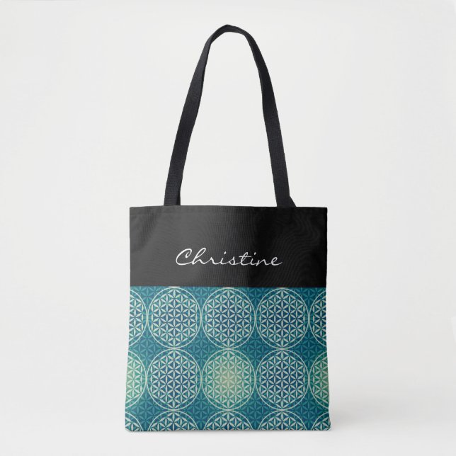 Tote Bag Fleur de vie - motif de timbre - bleu cyan (Devant)